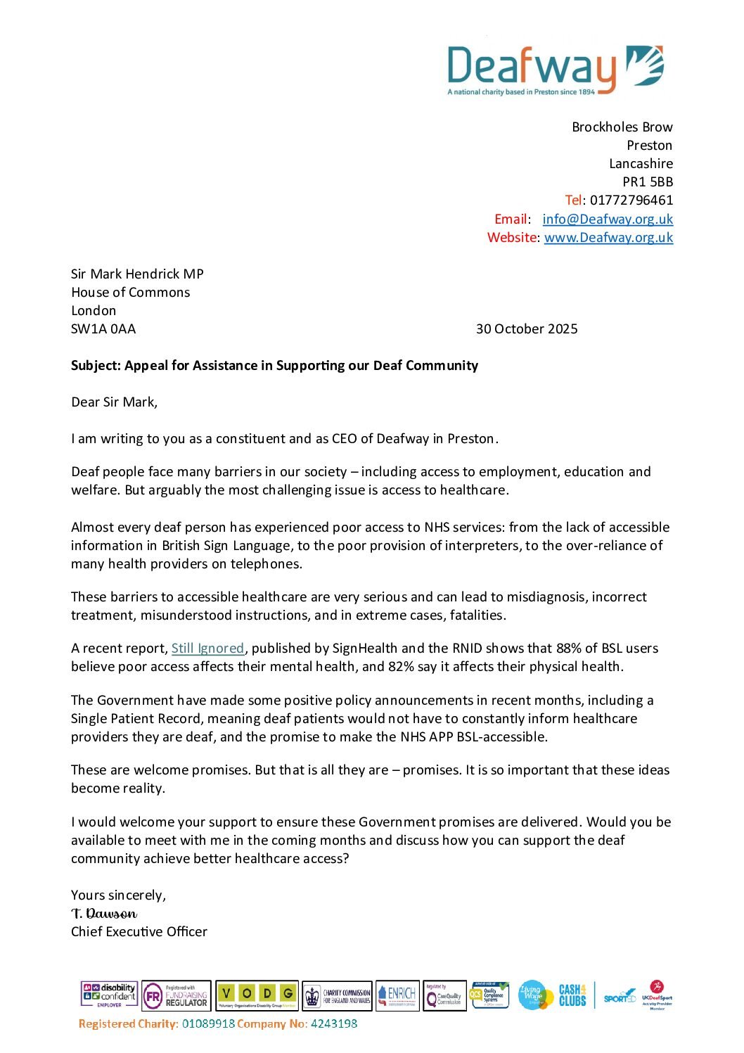Appeal for Assistance in Supporting our Deaf Community